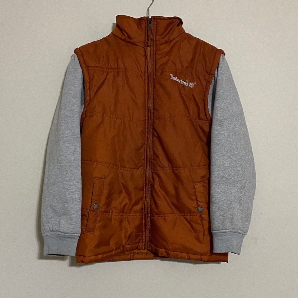 Timberland Rust Vest with Light Gray Sleeves boy L full zip comfy winter casual